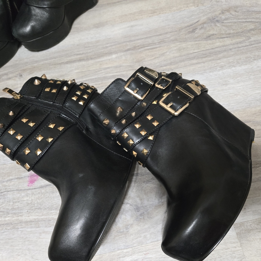 Studded Black Ankle Boots with Buckles